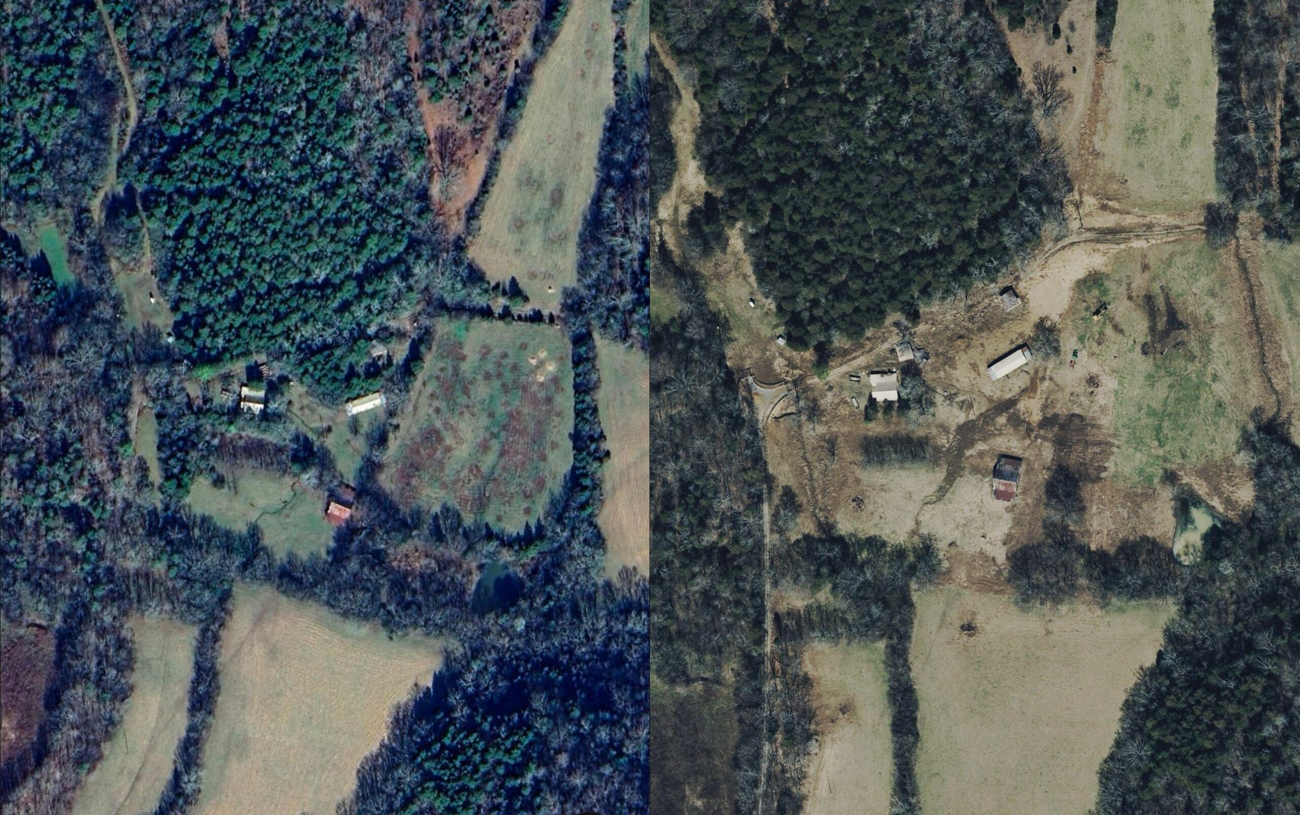 Side-by-side aerial photos of a rural property with fields, forest, and several buildings show differences in land use, vegetation, and the effects of land clearing and brush removal over time.